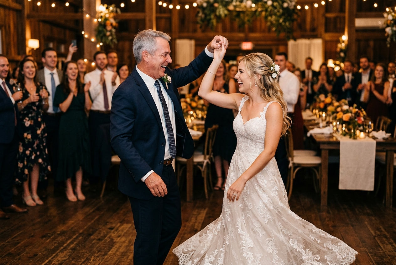 Father and bride laughing during their dance, spinning her gently, warm reception lighting