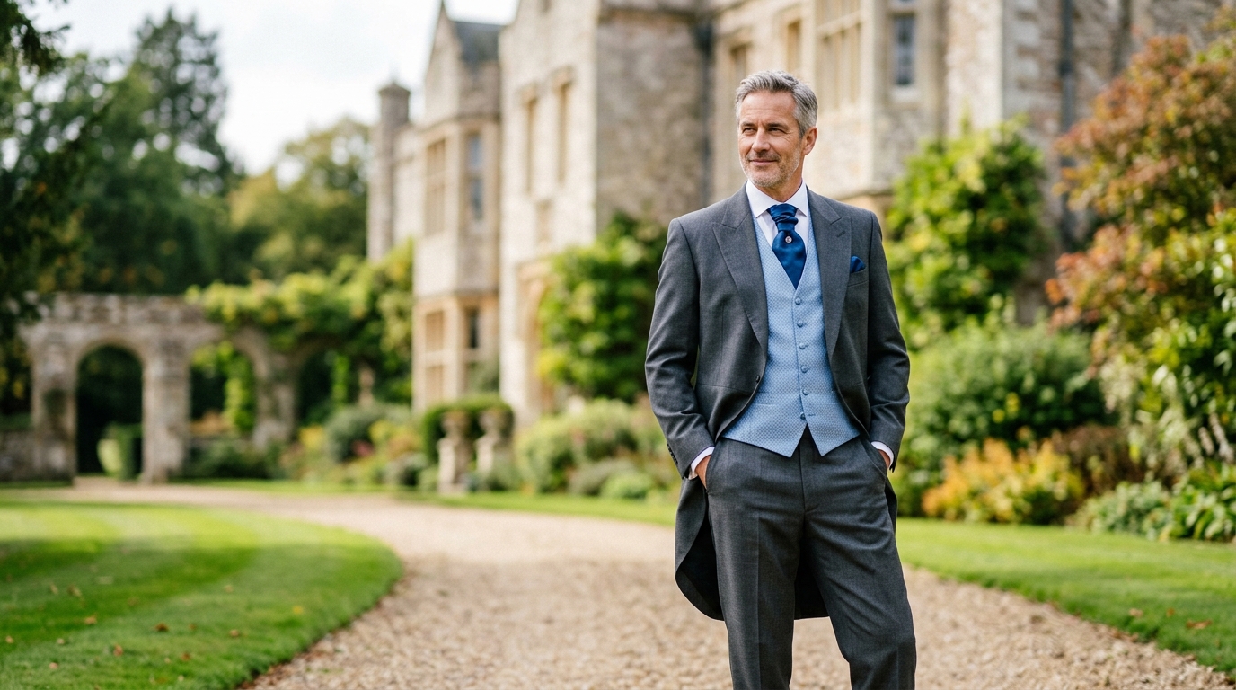 Distinguished man in a grey morning suit with blue waistcoat standing in the grounds of an English country house