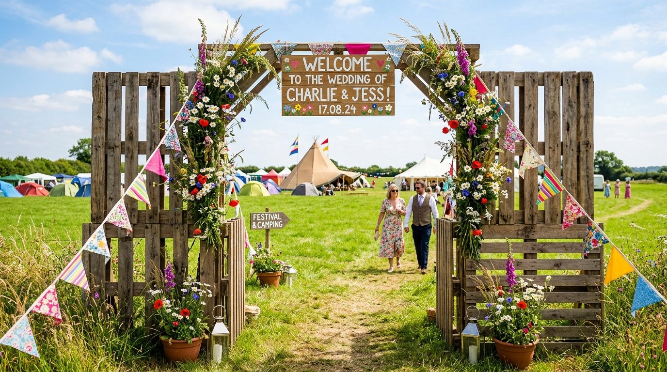 Festival wedding entrance gate made from wooden pallets with bunting, wildflowers, and a hand-painted welcome sign