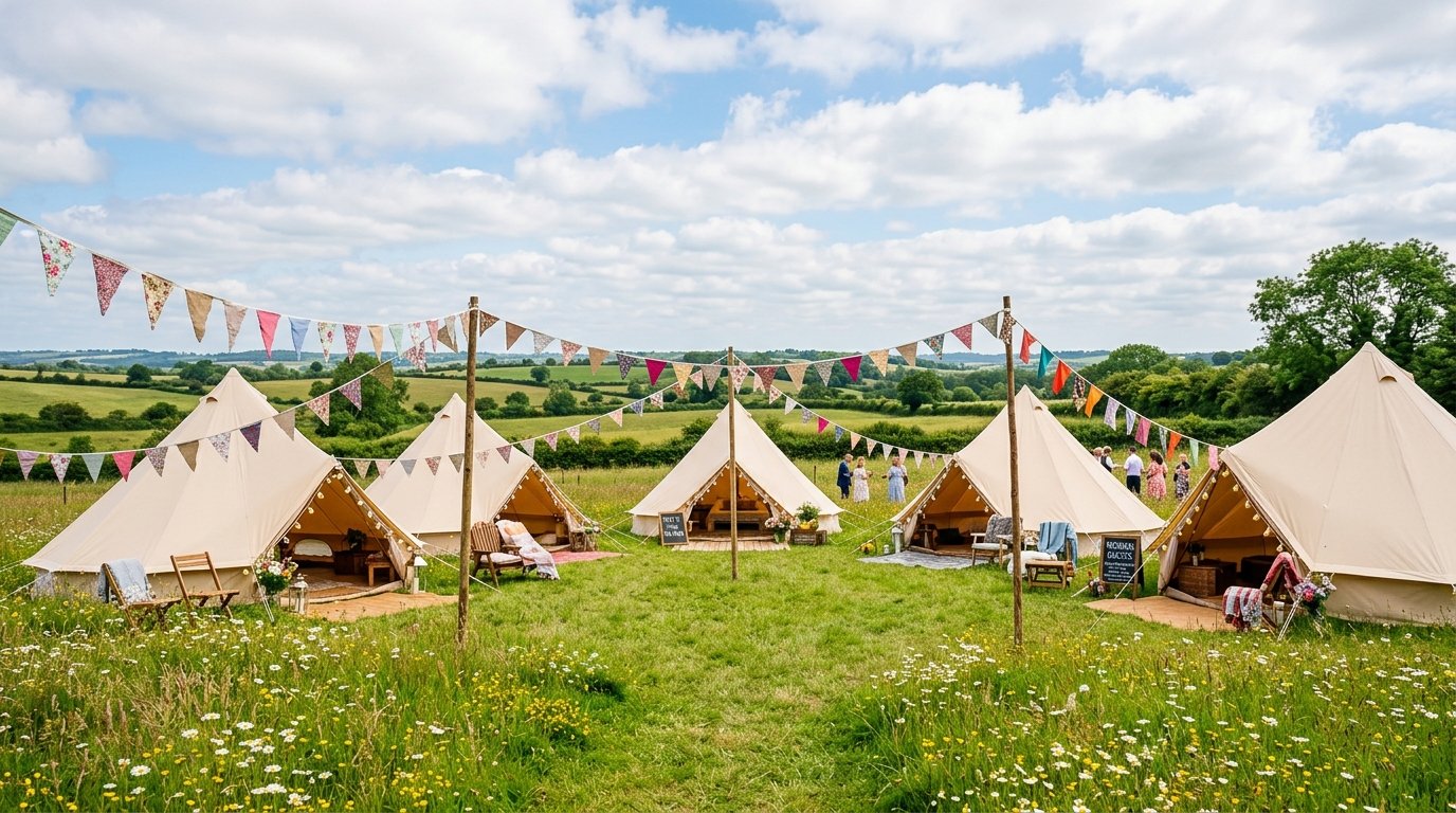 Luxury glamping bell tents arranged in a semi-circle in a green field for a festival wedding, wildflower meadow