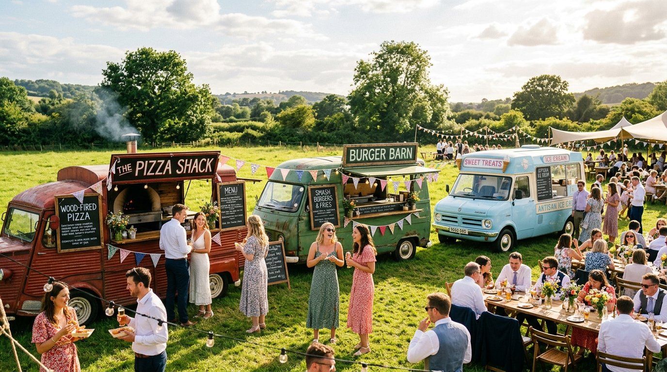 Colourful street food trucks at a festival wedding reception, vintage food vans with bunting and chalkboard menus