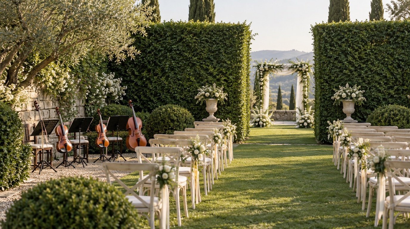 Garden wedding ceremony framed by tall hedges with string instruments beside the aisle