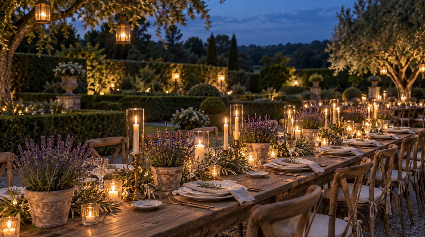 Candlelit garden wedding dinner with long wooden tables and potted lavender