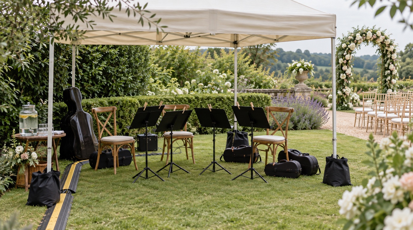 Weather-protected chairs, music stands and instrument cases beneath a garden canopy