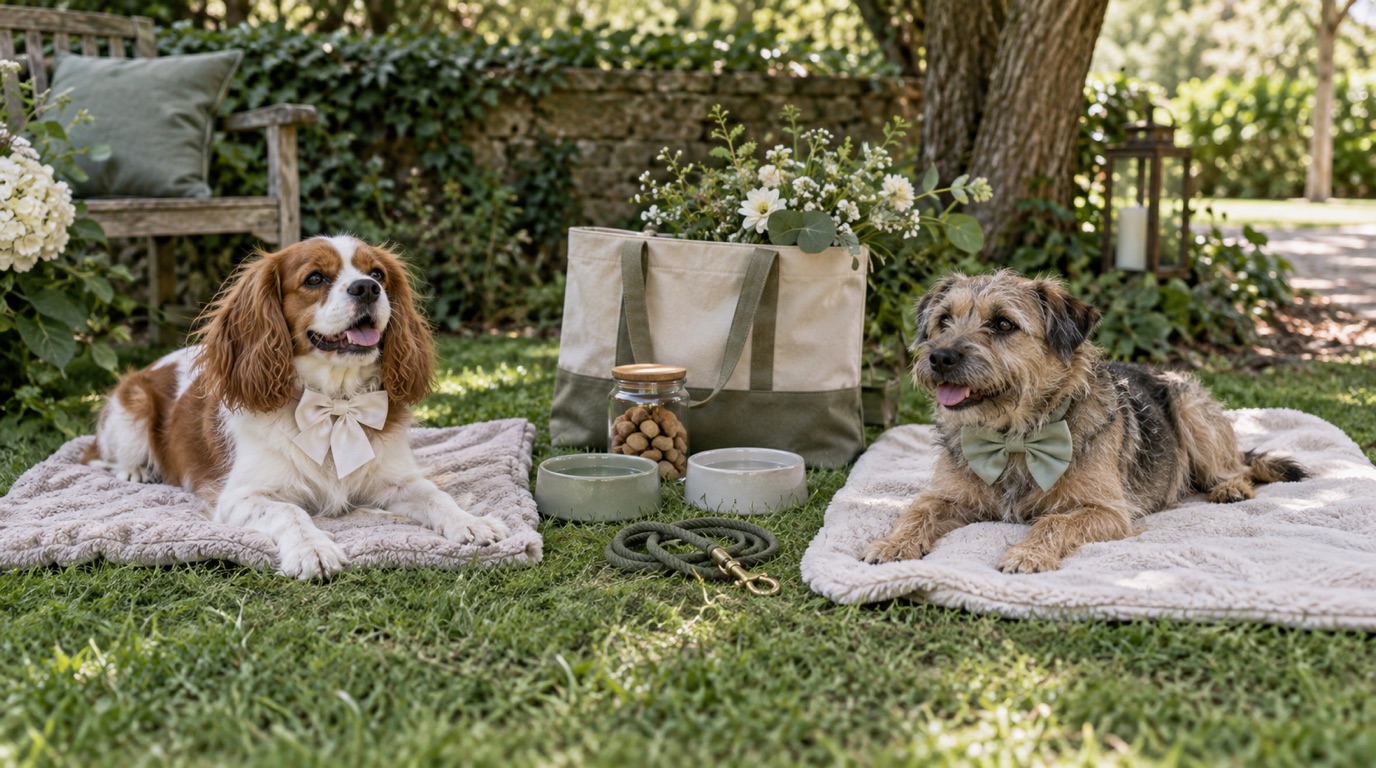 Two dogs resting in a shaded garden area with water, leads and comfortable bows