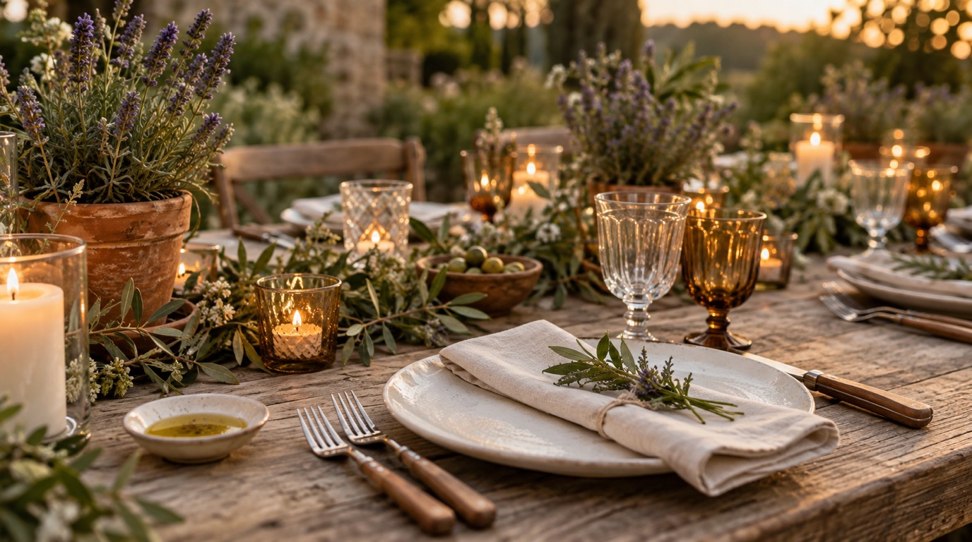 Bare wooden wedding table with lavender pots, amber glass and wood-handled cutlery