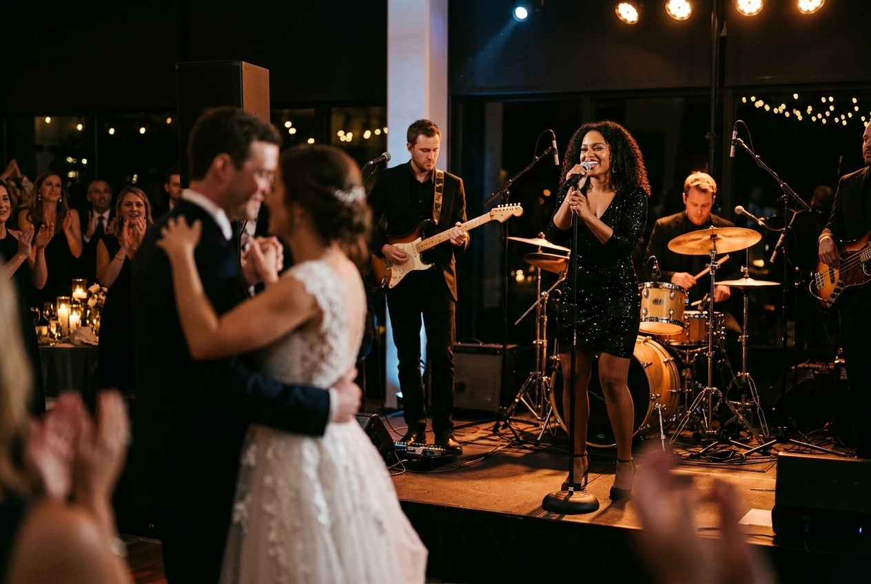 Live wedding band performing during the first dance, singer at the microphone, warm stage lighting