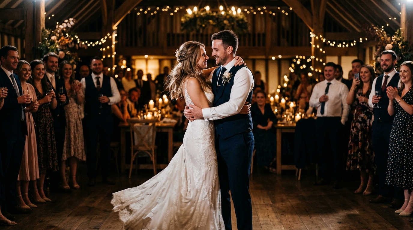 Bride and groom having their first dance, soft spotlight, fairy lights, guests watching