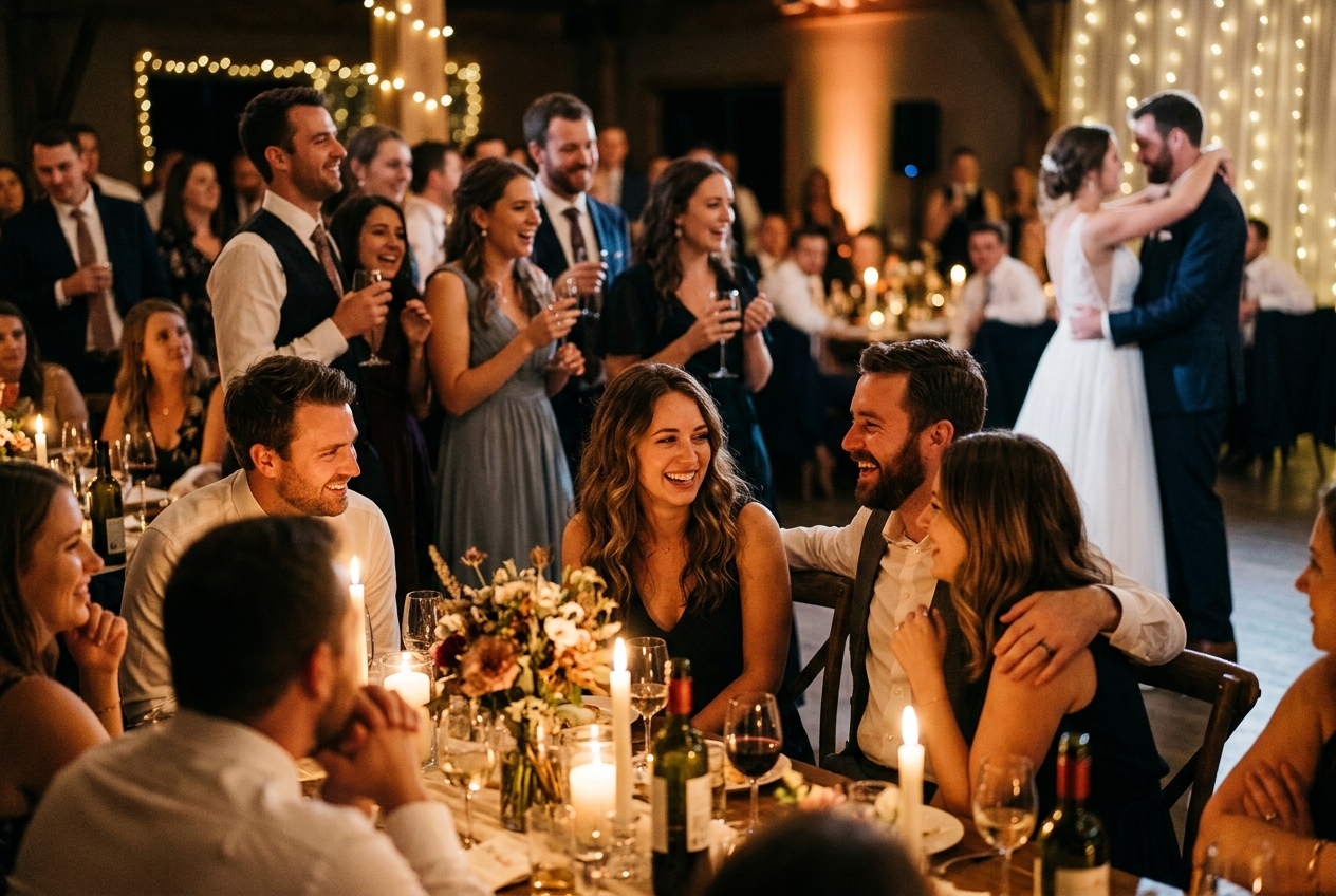 Wedding guests watching the first dance from their tables, emotional reactions, warm candlelight