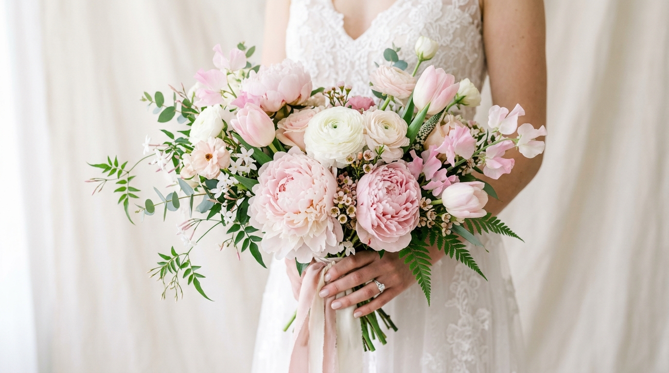 Spring wedding bouquet of peonies, ranunculus, tulips, and sweet peas in soft pinks and whites