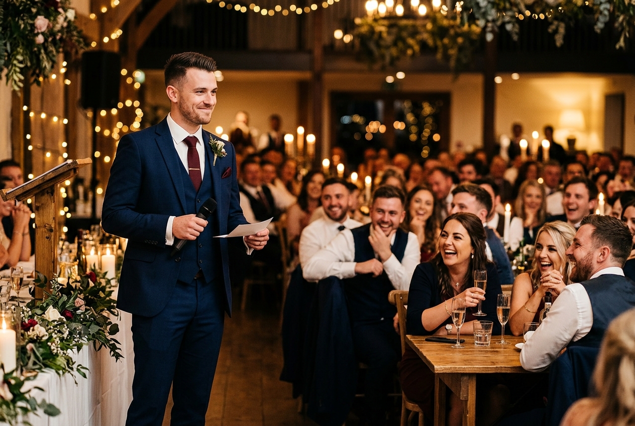 Wedding speech giver pausing for effect with a slight smirk, audience leaning in, atmospheric candlelit reception