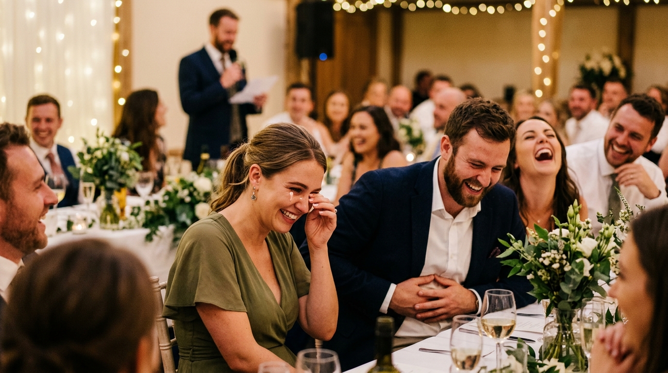 Wedding guests in hysterics during a funny speech, one wiping tears of laughter