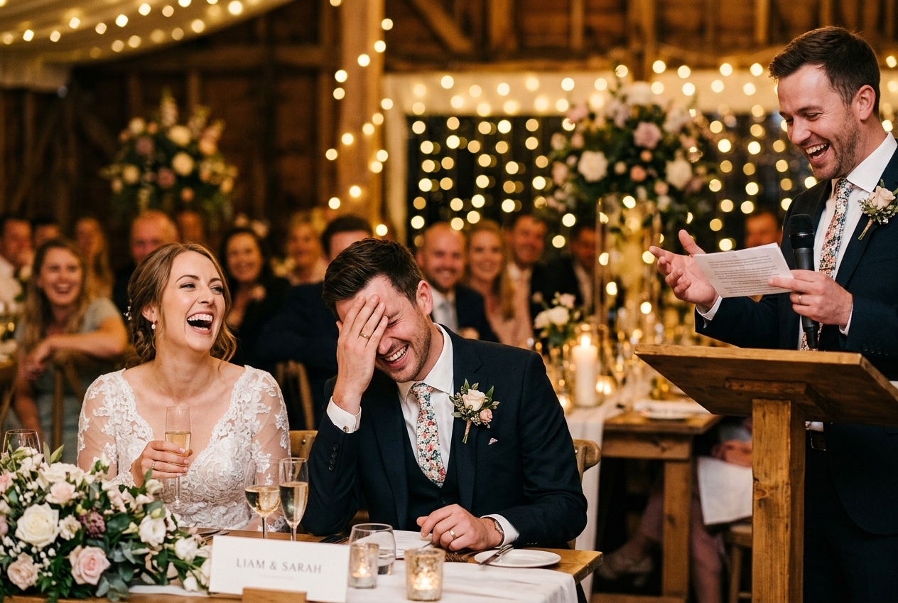 Groom doing an exaggerated facepalm during the best man's funny speech, bride laughing