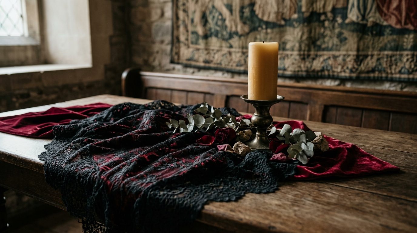 3. Let fabric create the atmosphere for Gabbriette & Matty Healy's Gothic Wedding Ideas