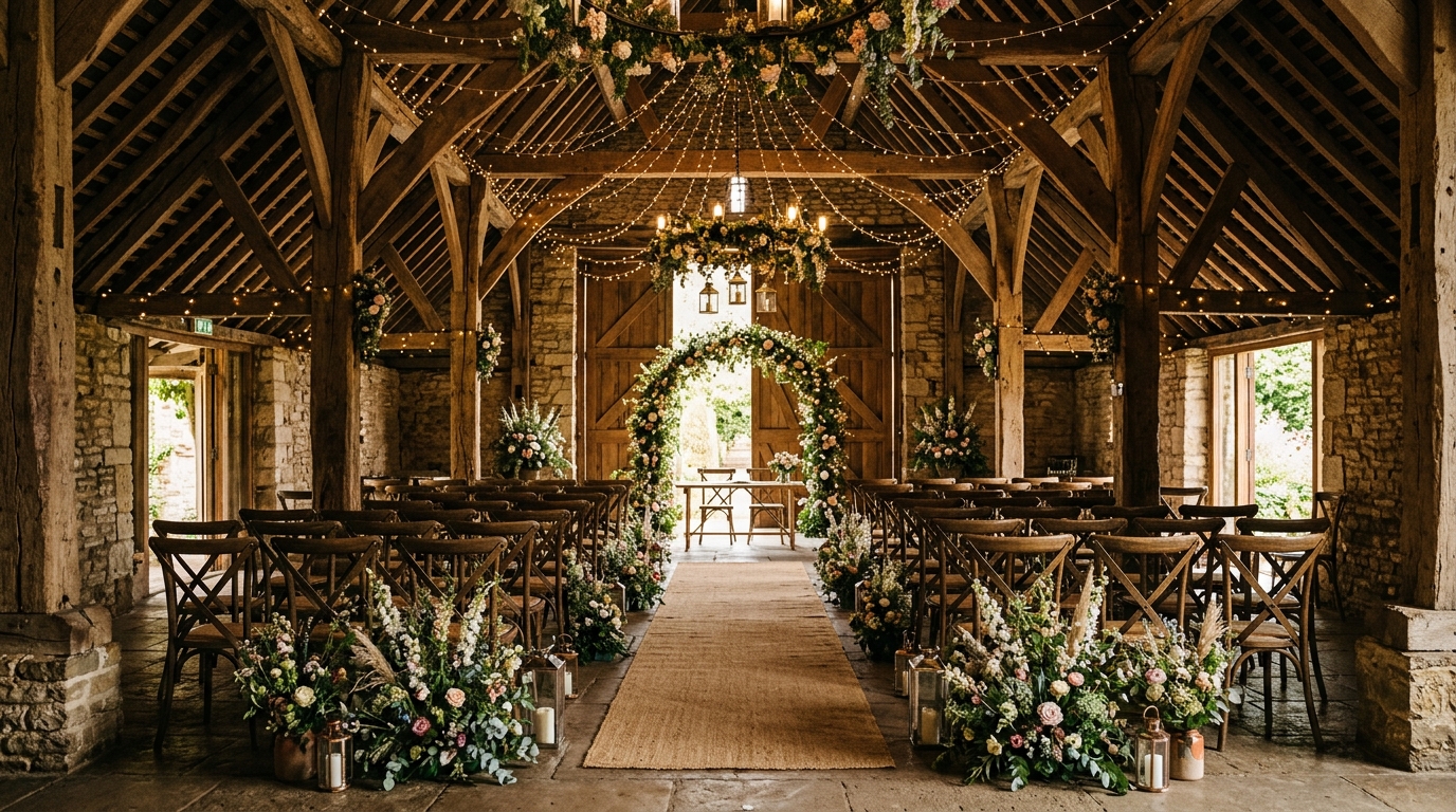 Gay-friendly barn wedding venue decorated with festoon lights and wildflowers