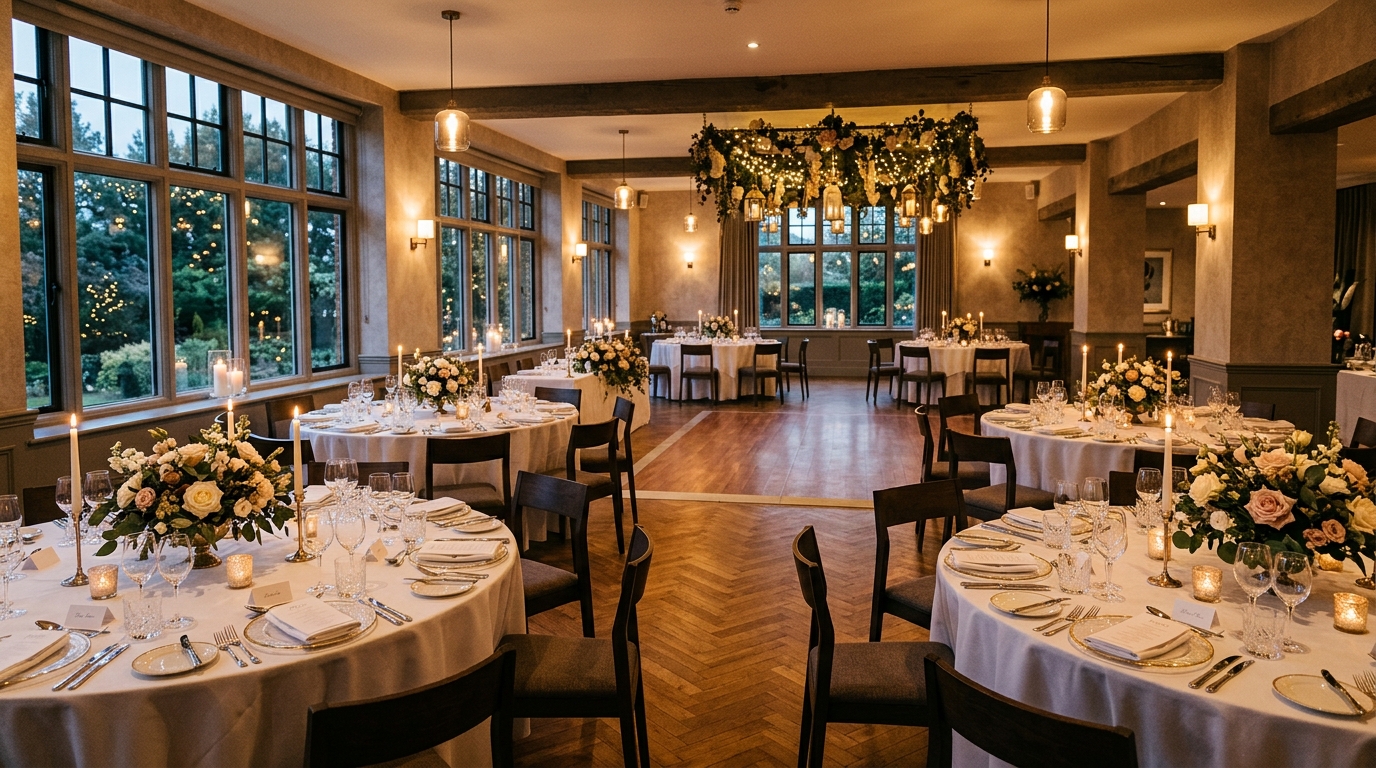 Boutique hotel wedding venue with elegant interior set for a same-sex ceremony