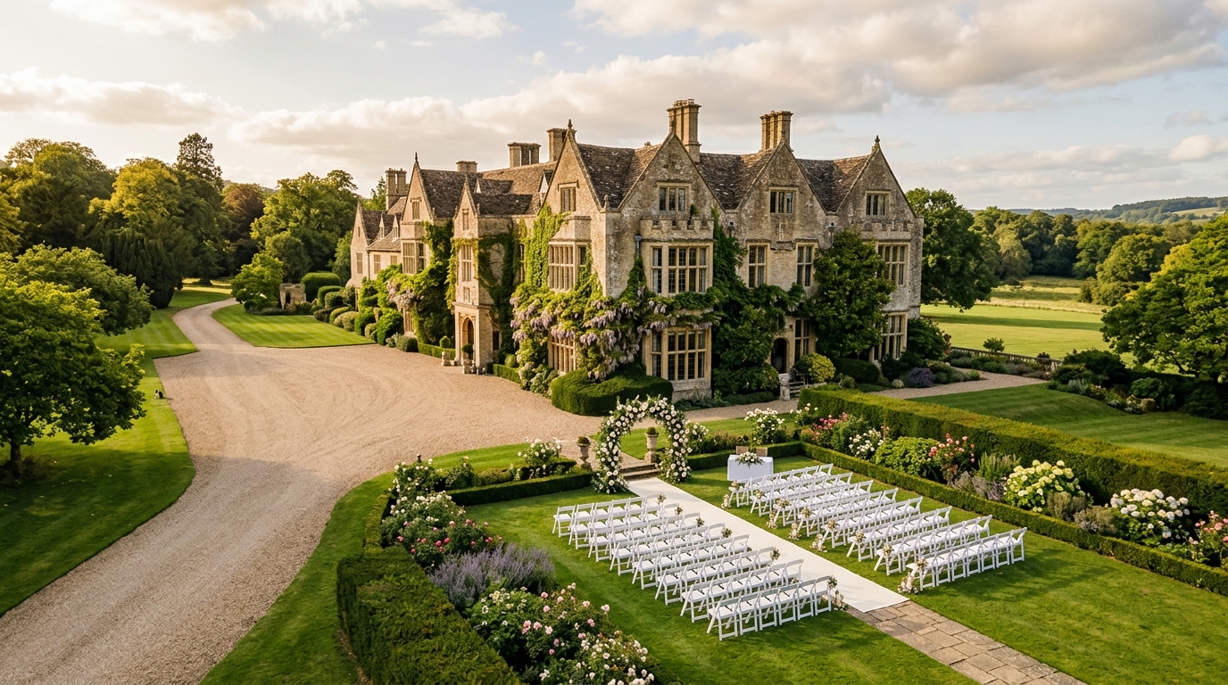 Gay-friendly wedding venue country house with manicured gardens ready for a ceremony