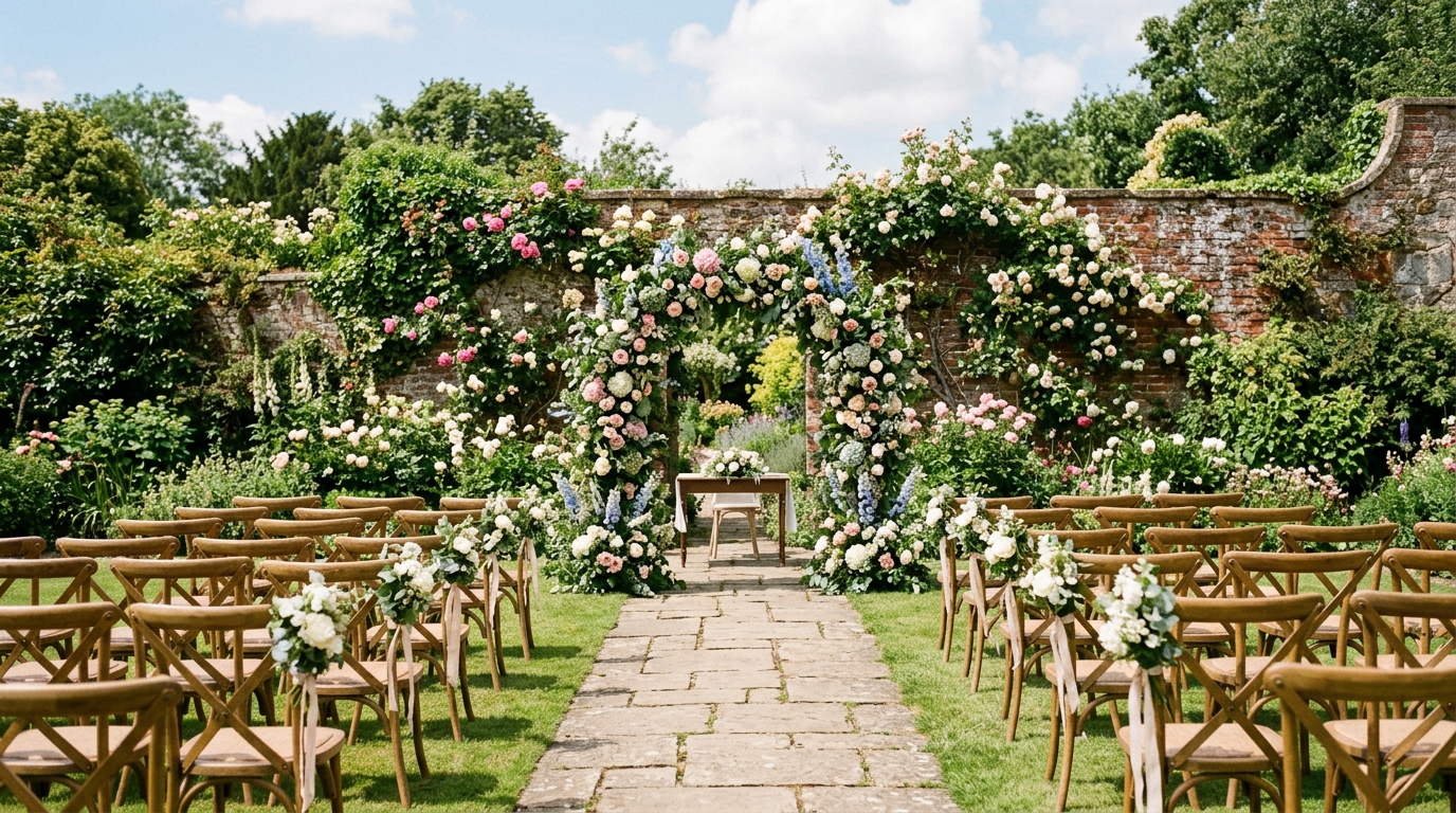 Garden ceremony at a gay-friendly wedding venue with an outdoor arch and wildflower borders