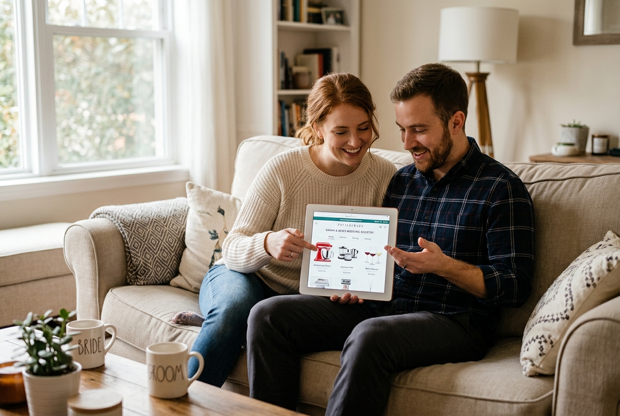 Couple browsing a wedding gift registry on a tablet, sitting on a sofa together