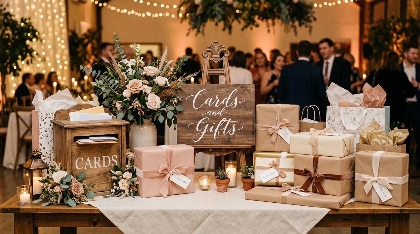 Wedding gift table with wrapped presents, gift bags, and a post box for cards, flowers and a sign