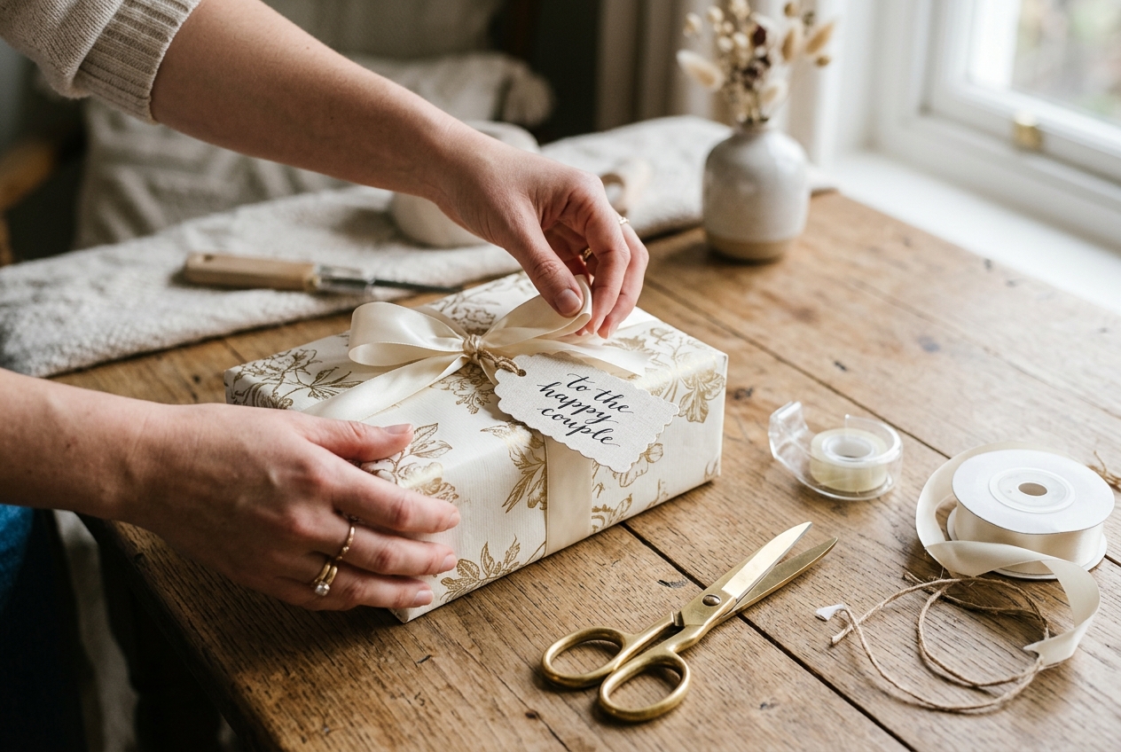 Hands wrapping a wedding gift in elegant paper with ribbon and a gift tag