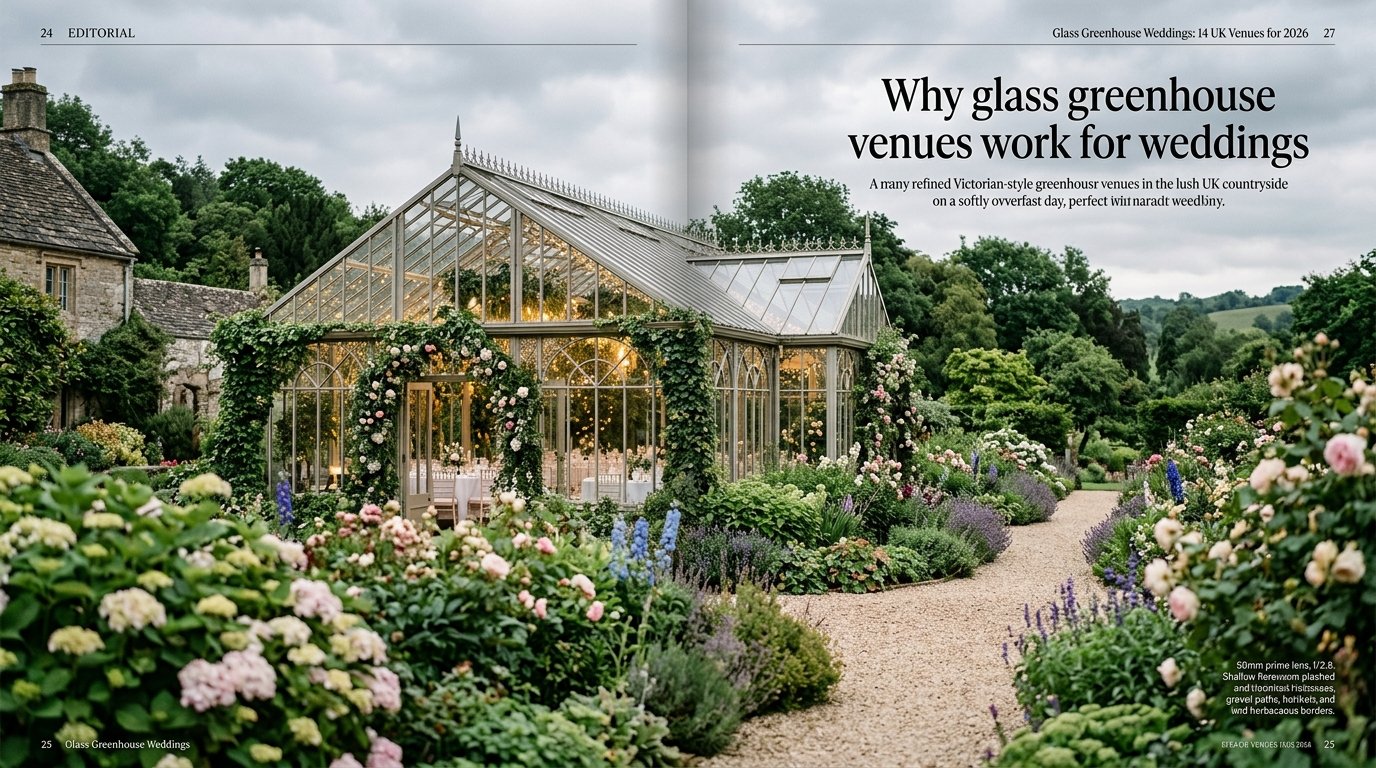 Glass Greenhouse Weddings: 14 UK Venues for 2026 — Why glass greenhouse venues work for weddings, editorial photography for Weddings Hub