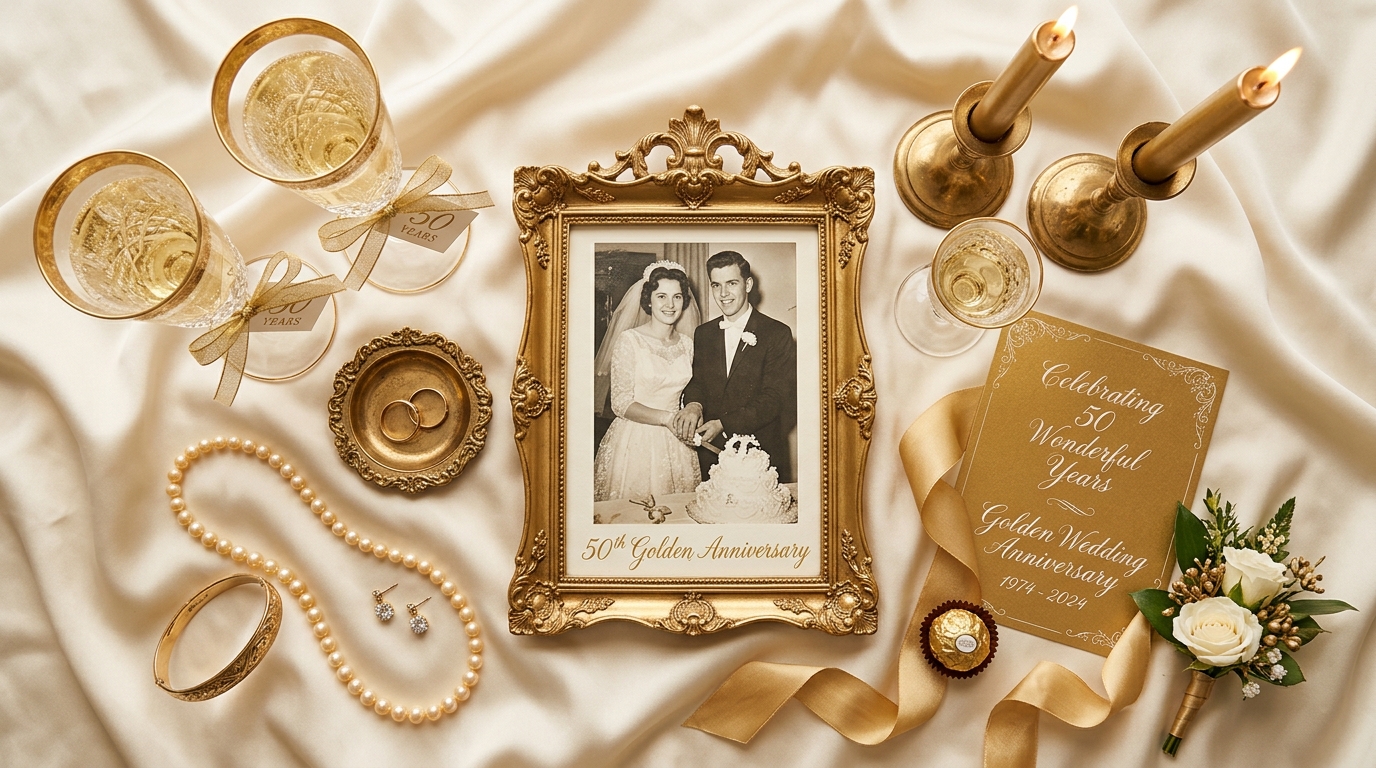 50th golden wedding anniversary — gold rings, gold photo frame with vintage wedding photo, gold flutes