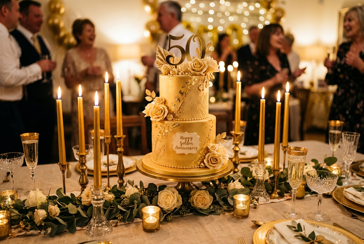 Beautiful golden wedding cake with gold leaf decoration, '50' on top, surrounded by gold candles