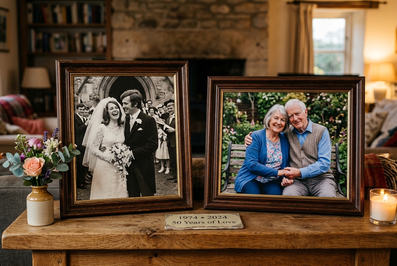 Two photo frames side by side — black and white wedding photo from 50 years ago, current colour photo