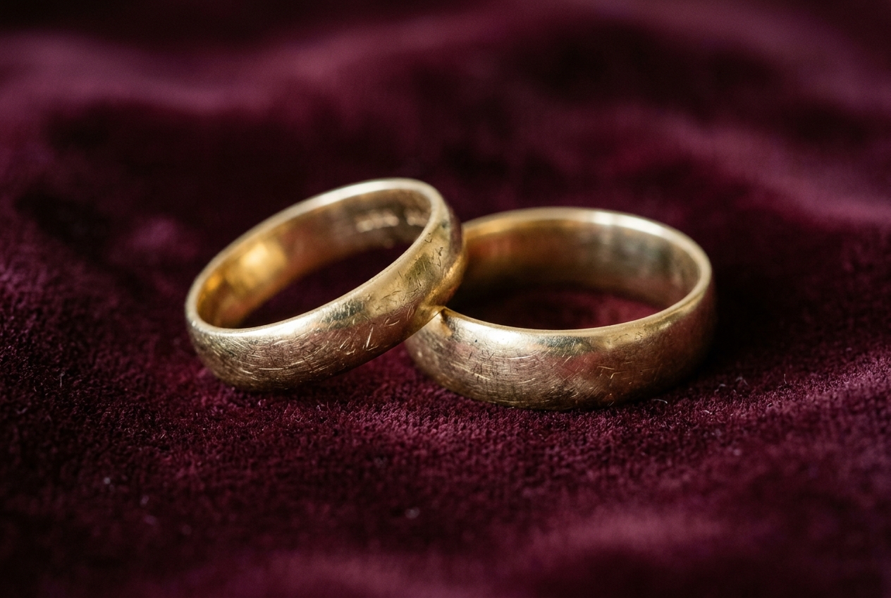 Two gold wedding rings worn for 50 years on velvet, both showing gentle wear of decades