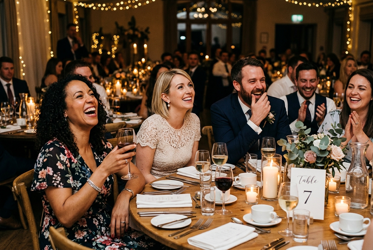 Guests laughing during the groom's speech, candid reactions around a table, candlelight