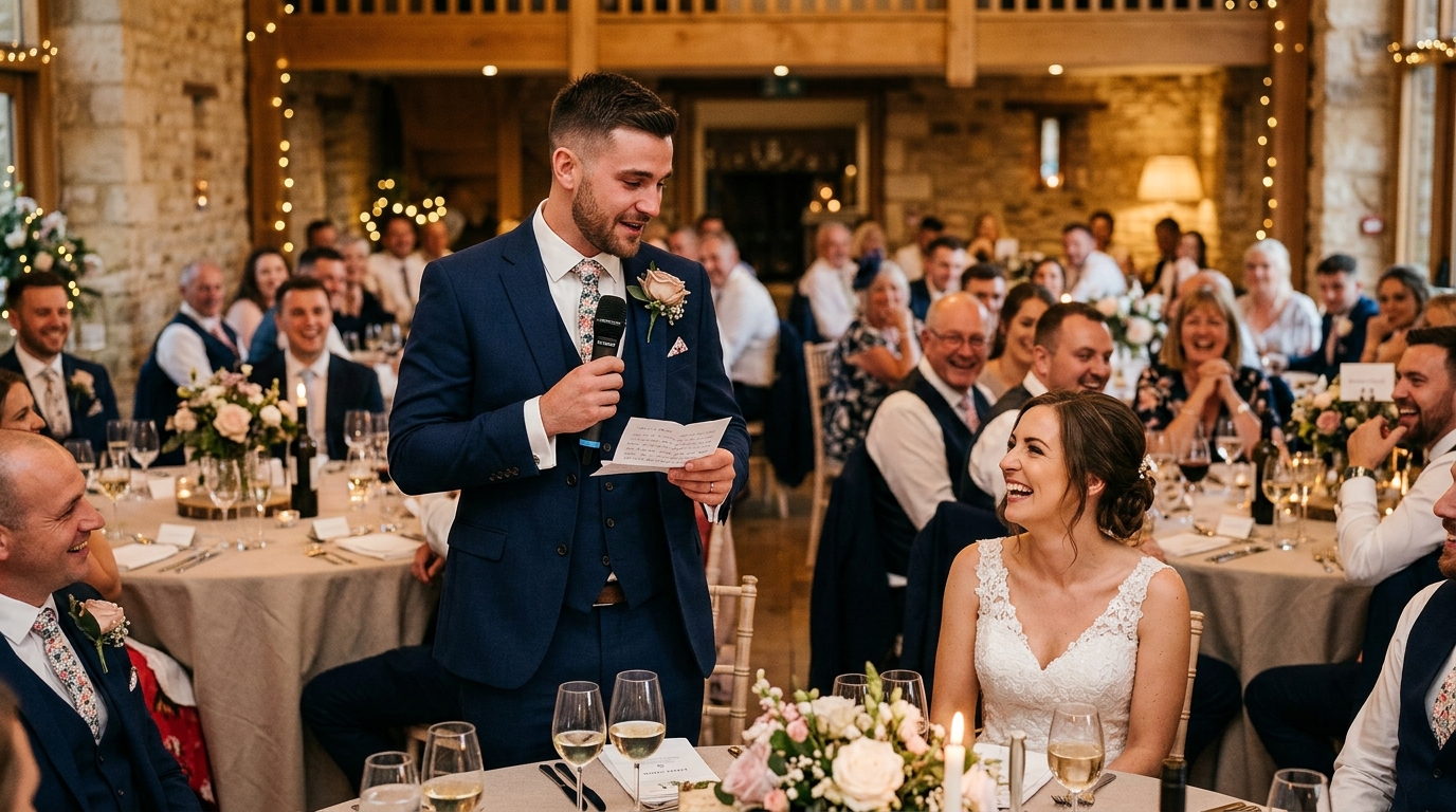 Groom standing to give his speech, looking at his bride with emotion, guests at round tables