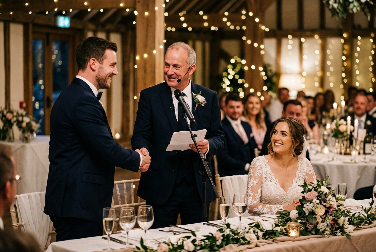 Groom shaking hands with the father of the bride, bride watching and smiling, reception with fairy lights