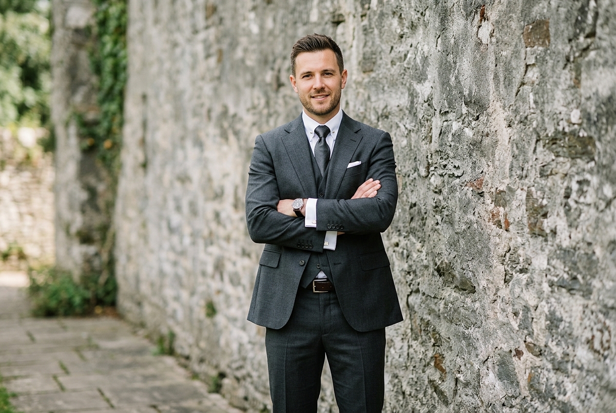 Groom in classic charcoal grey three-piece suit with white shirt and silk tie, formal and timeless