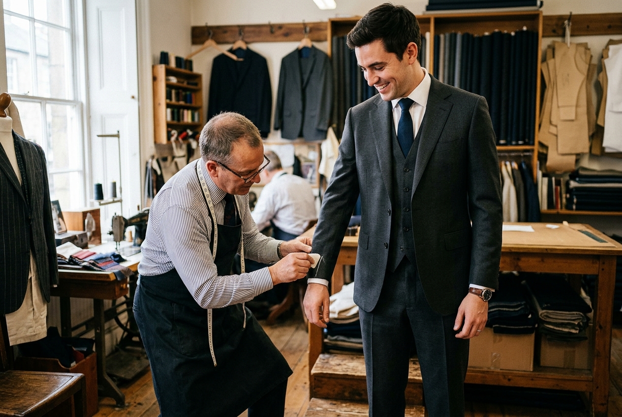 Tailor fitting a wedding suit on the groom, marking adjustments with chalk, professional