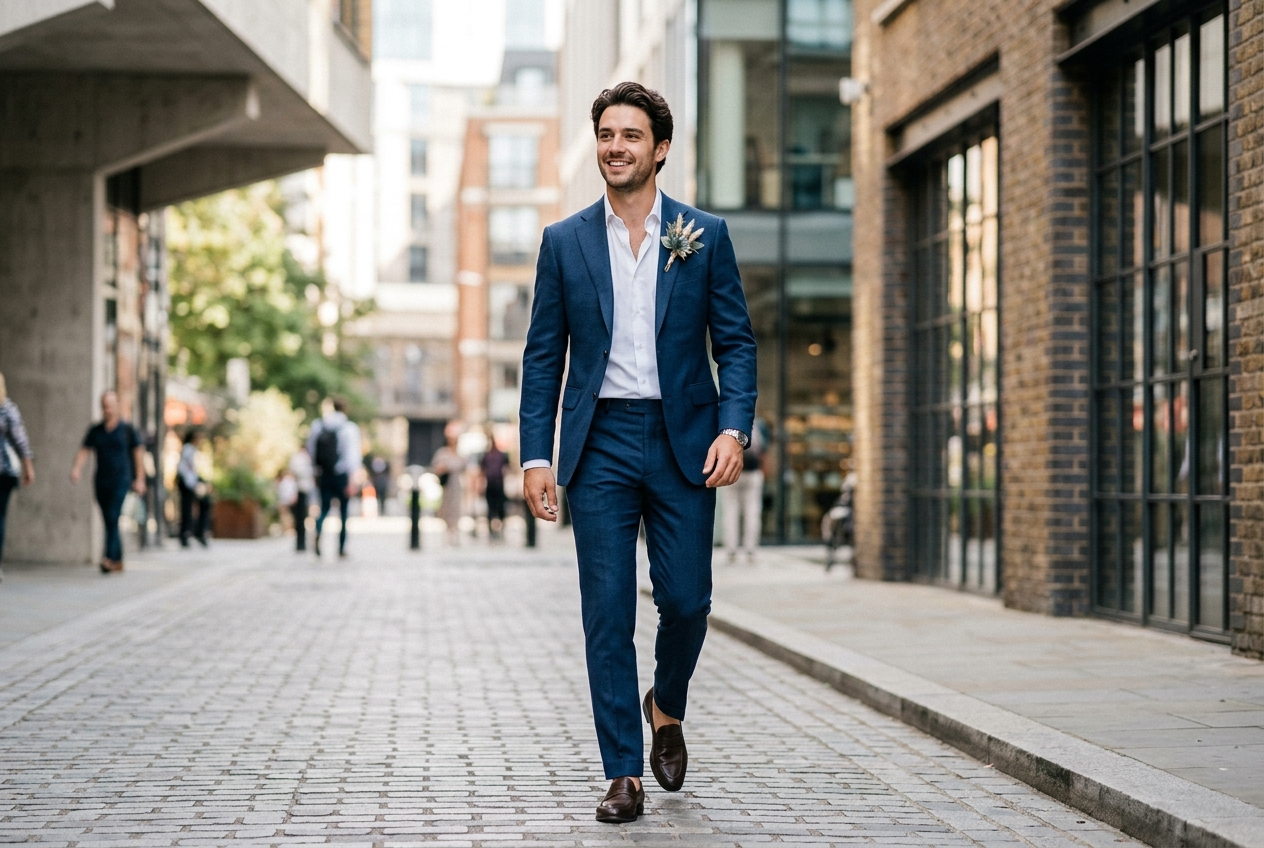 Groom in modern slim-fit blue suit with no tie and an open collar, contemporary and stylish