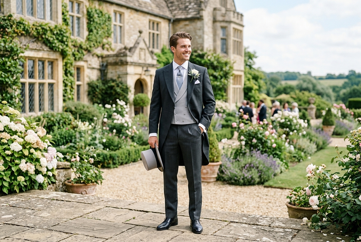 Groom in traditional morning suit, tailcoat with striped trousers and waistcoat, country house