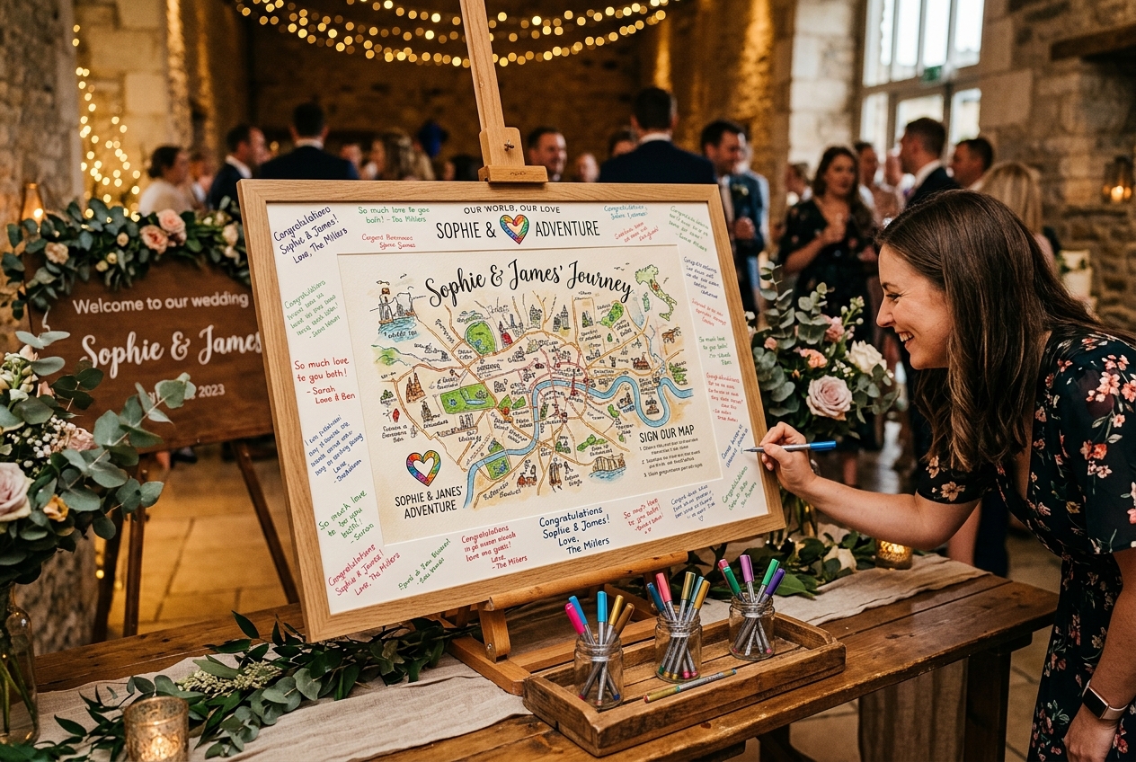 Alternative guest book — large framed illustration that guests sign around the edges, colourful pens, on an easel