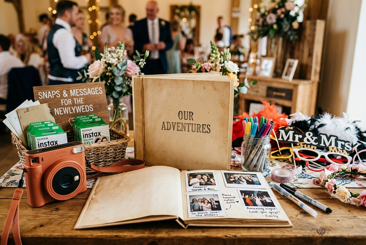 Polaroid guest book at a wedding — instant camera, scrapbook album with polaroid photos and handwritten notes