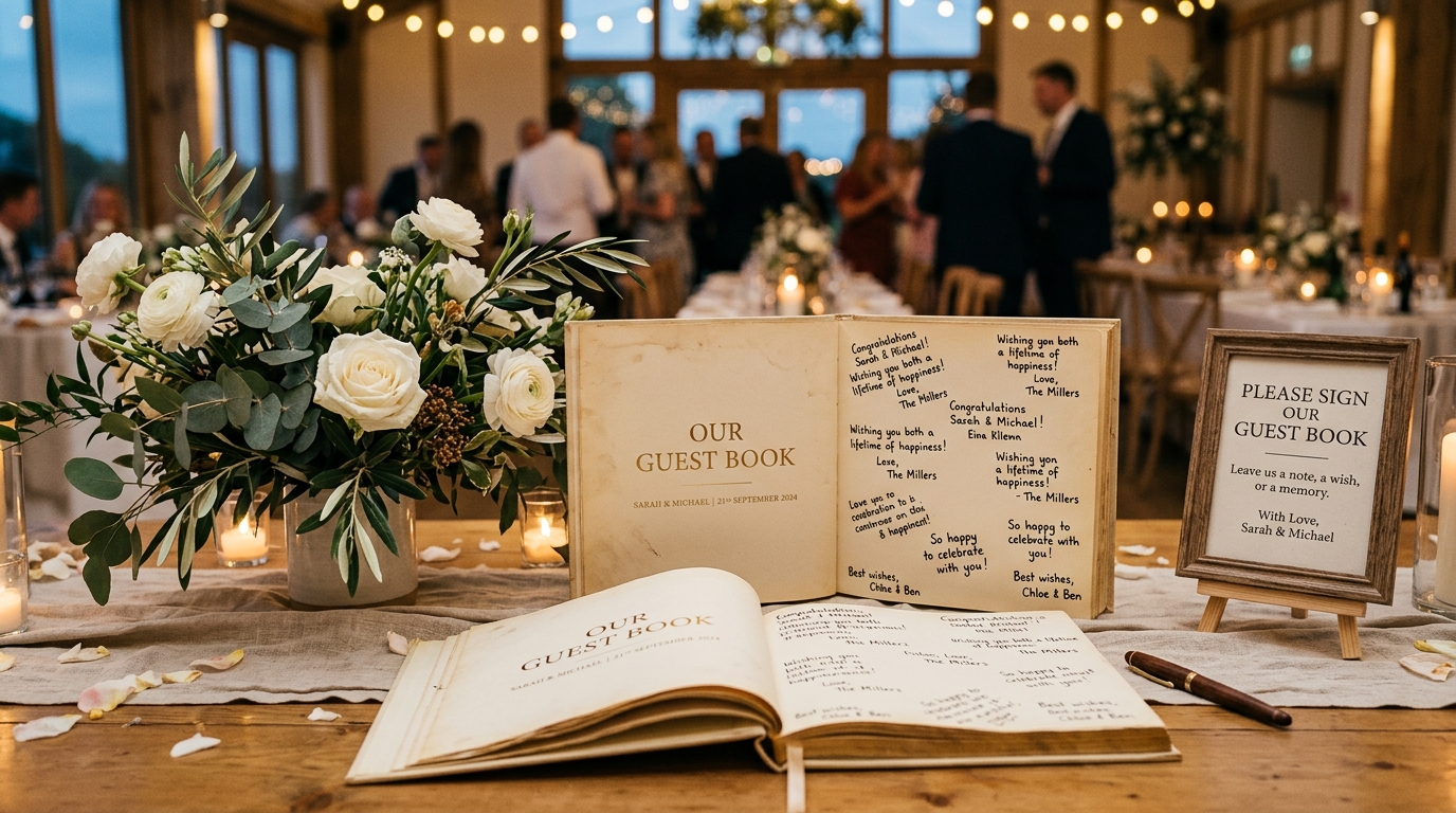Open wedding guest book on a decorated table with a pen, guests' handwritten messages visible