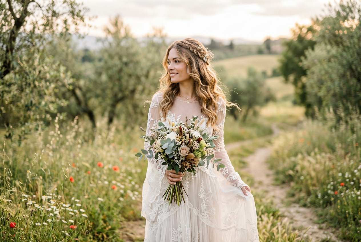 Bride with half up half down hairstyle featuring a delicate braid detail and fresh flowers