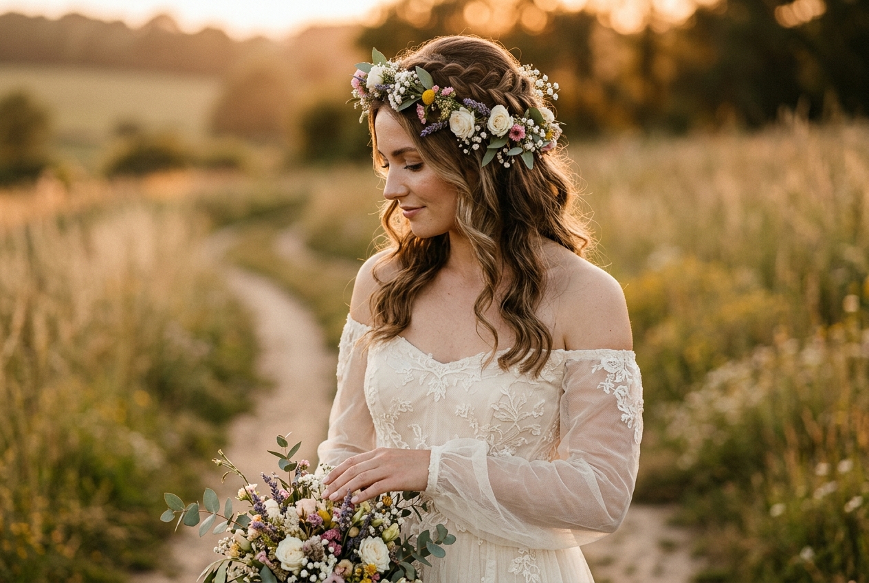 Bride with half up wedding hair adorned with delicate gold hair vine and pearls