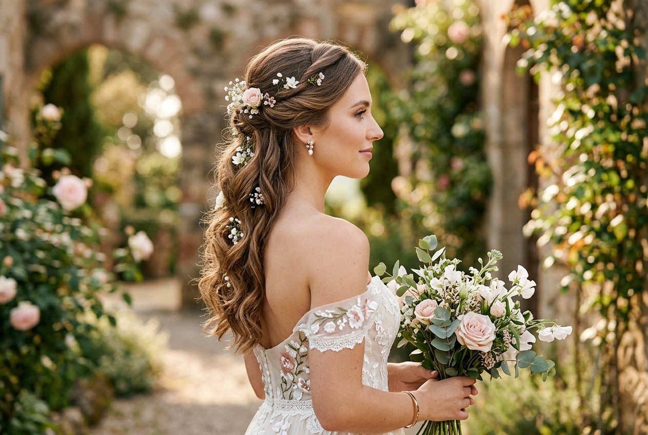 Bride with classic twisted half up wedding hairstyle, soft curls below, romantic look
