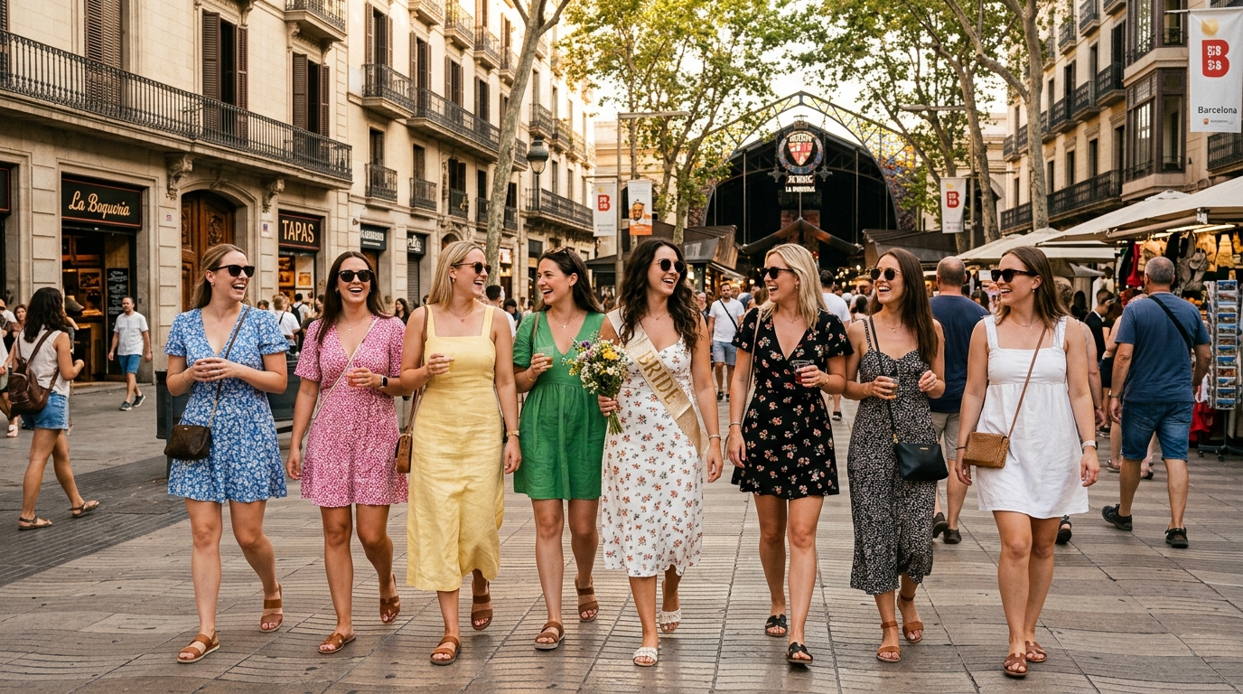 Group of women on a hen do in Barcelona, sunny European street, sunglasses, summer dresses