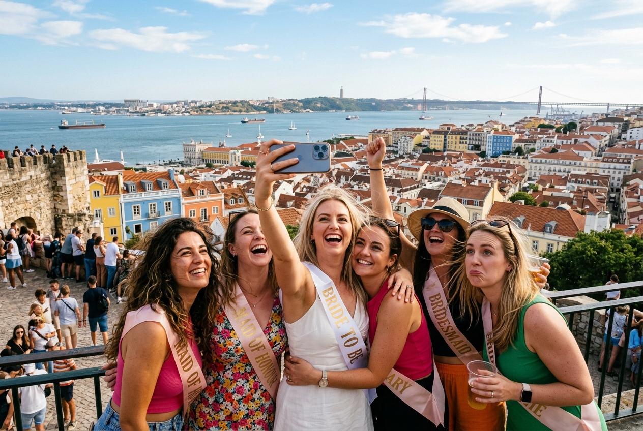 Hen party group taking a selfie at a viewpoint in Lisbon, colourful rooftops and river below