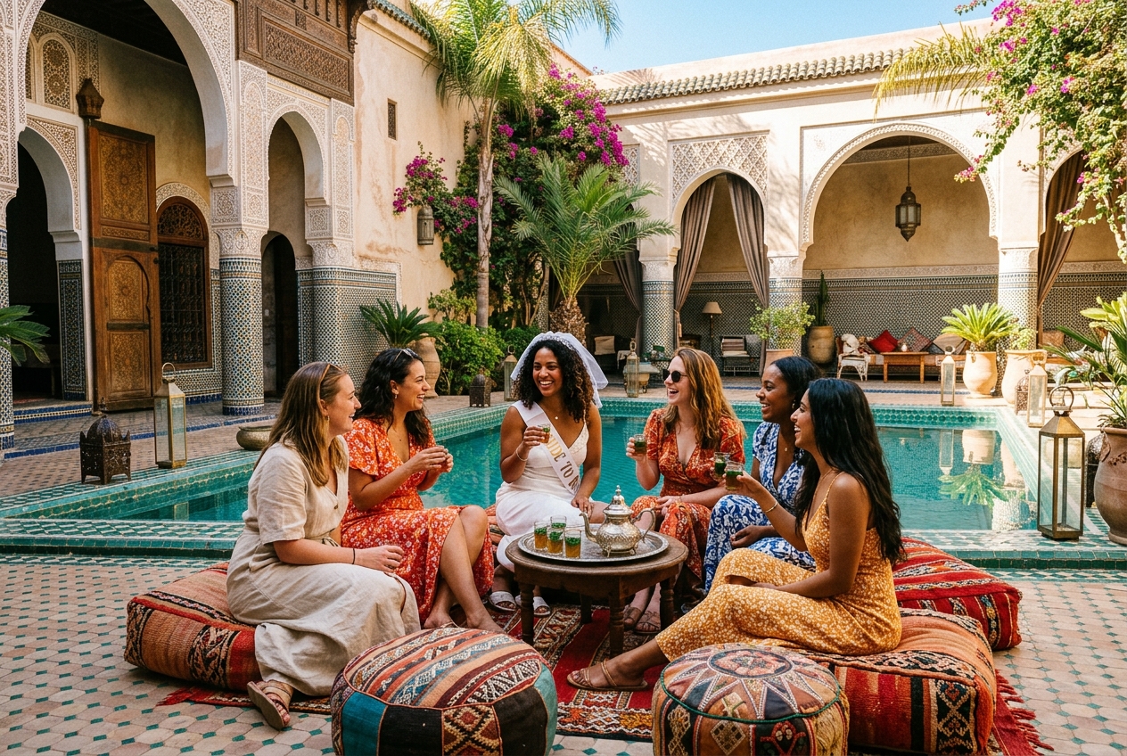 Women on a hen do by a riad pool in Marrakech, colourful cushions, mint tea, ornate tilework
