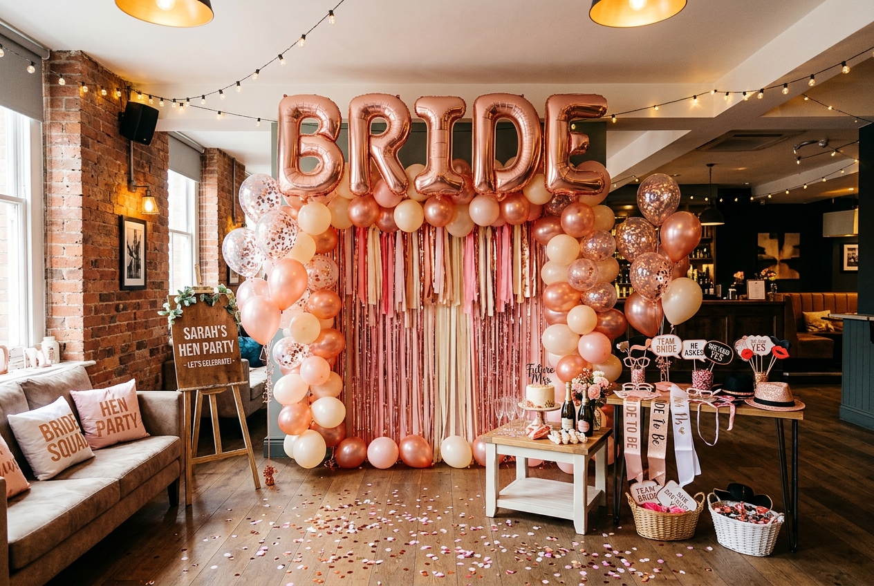 Hen party room decorated with rose gold BRIDE balloons, confetti balloons, streamers, photo backdrop