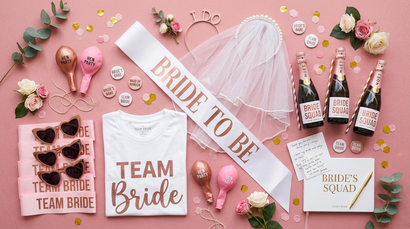 Hen party accessories spread on pink surface — sash, veil, badges, balloons, straws, confetti, sunglasses
