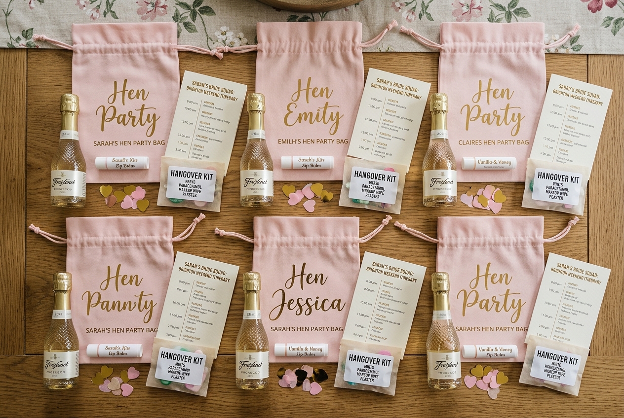 Personalised hen party gift bags with names, containing mini prosecco, lip balm, confetti, itinerary