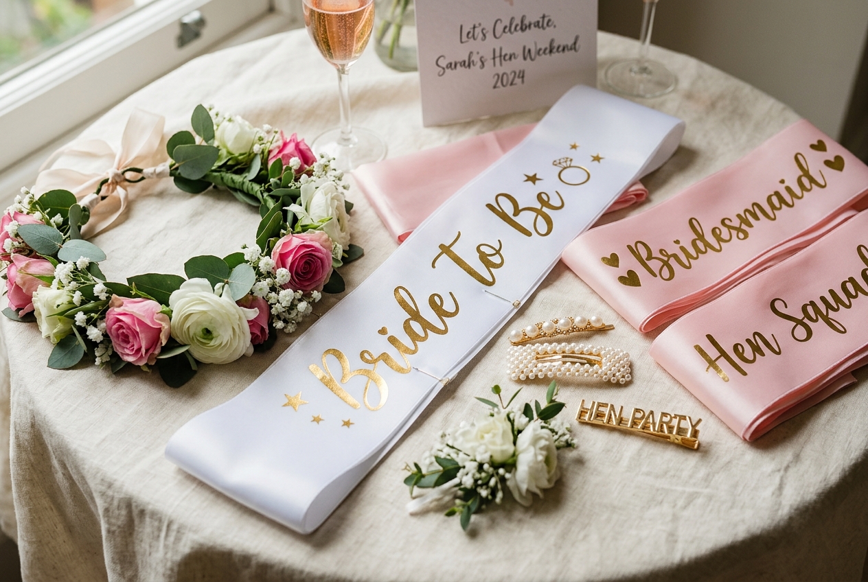 Matching hen party sashes — white bride-to-be with gold text, pink bridesmaid sashes, flower crowns